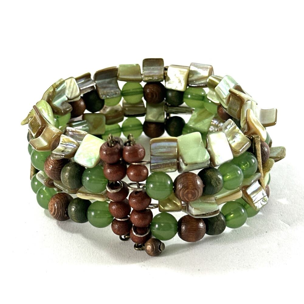 Green Beaded Wrap Bracelet Shell Wood Glass Multi Strand Adjustable Boho - Picture 5 of 7